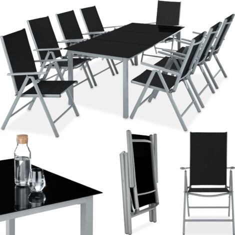 Salon de Jardin avec 8 Chaises Pliantes et 1 Table en Verre et en Aluminium Gris clair Noir