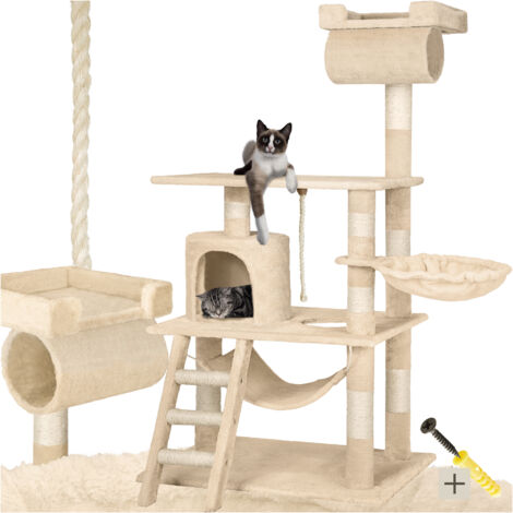 Arbre à chat panneau de fibres griffoir sisal 141 cm et sécurité beige