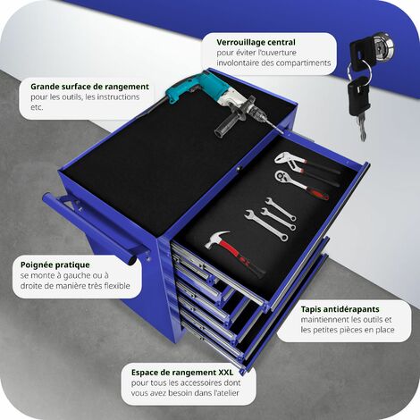 Servante d'atelier 7 Tiroirs spacieux verrouillables avec tapis antidérapant