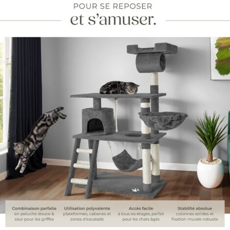 Arbre à chat griffoir escalade TECTAKE - 141 cm - Gris - Système Anti-basculement inclus