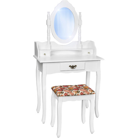 Coiffeuse meuble Table de maquillage Commode avec miroir et 3 Tiroirs + Tabouret Blanc
