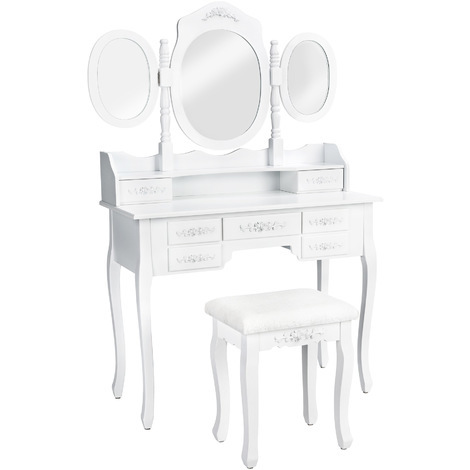 Coiffeuse Table de Maquillage Commode avec Miroir 3 Faces Rabattables et 7 Tiroirs + 1 Tabouret Blanc