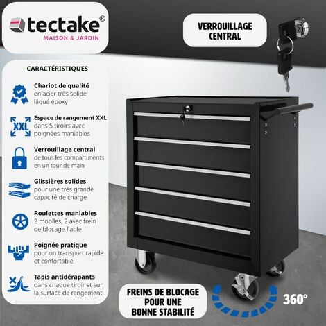Servante d'atelier 5 Tiroirs spacieux verrouillables avec tapis antidérapant