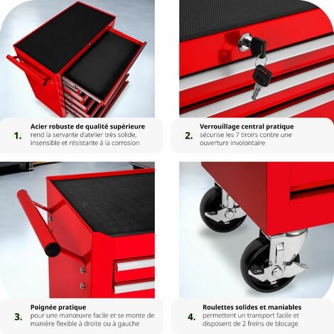 Servante d'atelier 7 Tiroirs spacieux verrouillables avec tapis antidérapant