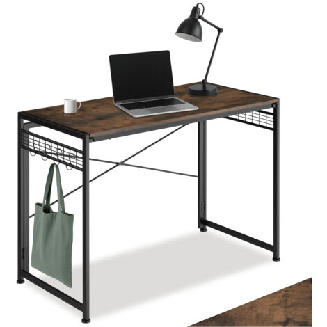 Bureau Style industriel Pliable avec grilles et 8 crochets bois foncé (1/5)
