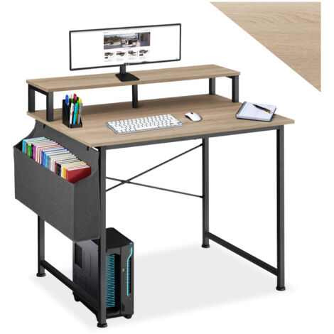 Bureau Style industriel Support écran et sac de rangement bois clair (1/5)
