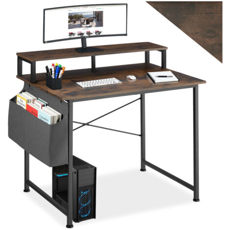 Bureau Style industriel support écran et sac de rangement bois foncé (1/5)