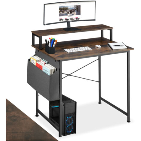 Bureau Style industriel Support écran et sac de rangement bois foncé