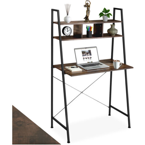 Bureau Style industriel 3 compartiments de rangement bois foncé