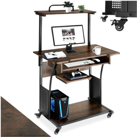 Bureau Style industriel 3 niveaux tablette et tiroir bois foncé
