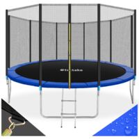 Trampoline avec échelle et filet de sécurité en acier noir bleu