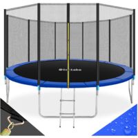 Trampoline avec échelle et filet de sécurité en acier noir bleu
