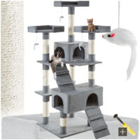 Arbre à chat sisal et bois MDF 170 cm avec cabanes plateformes gris