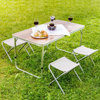 Table Pliante de Camping Valise 122 cm x 62 cm x 71 cm + 4 Tabourets en Aluminium Marron - marron/blanc