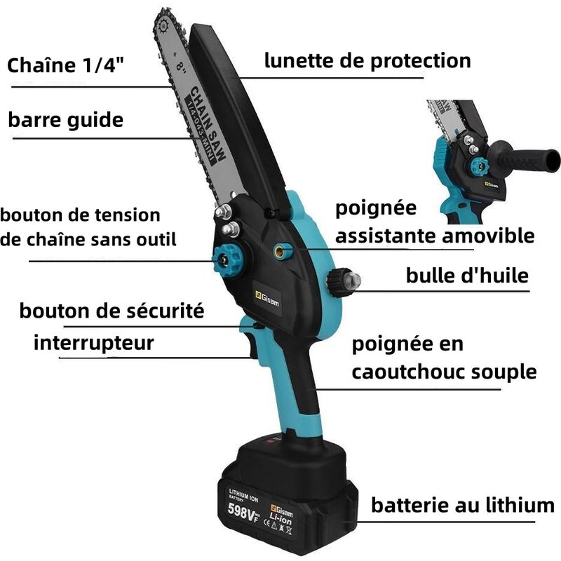 Tronçonneuse électrique 2-en-1 Télescopique - Perche Jusqu'à 15 Pieds, 2 Batteries 4000mAh, Guide 8 Pouces