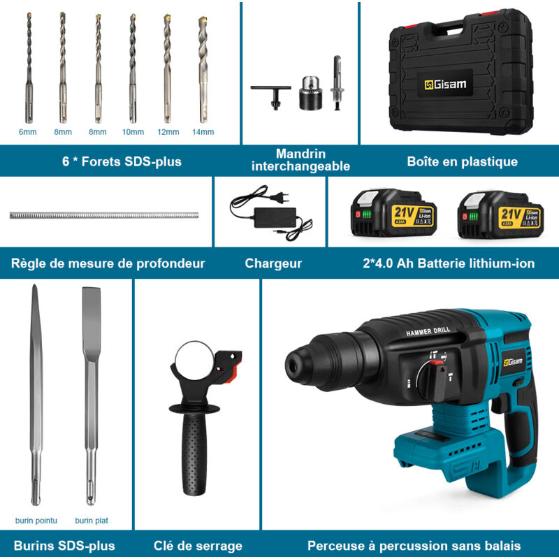 Marteau Perforateur Sans Fil 21V Avec 2 Batteries 4000mAh – 4 En 1 (perçage, Percussion, Burinage), Adaptateur SDS-plus, Livret Complet