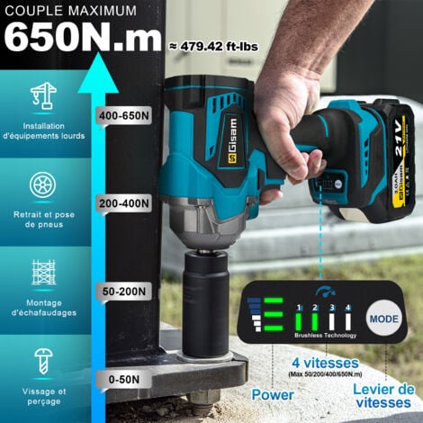 650N 2X3.0 Ah batteries  33 accessoires Clé à chocs électrique 1/2"pouces adaptée aux sites de réparation automobile et d'ingénierie