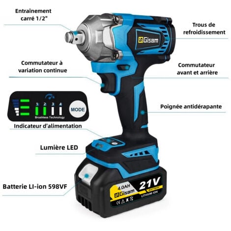 650N 4.0 Ah batteries  9 accessoires Clé à chocs électrique 1/2"pouces adaptée aux sites de réparation automobile et d'ingénierie