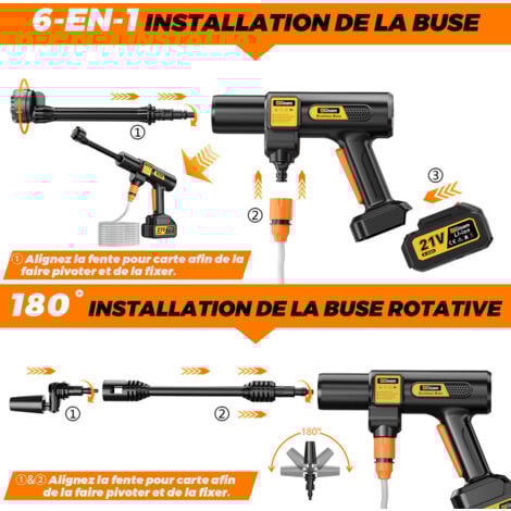 Nettoyeur Haute Pression à Batterie, Max 85 Bar avec 2 x 4000mah Batteries, Pulvérisateur de Mousse, 6-en-1 Multi-Usage Buse et 180° Buse Pivotante pour Le Nettoyage et Arrosage