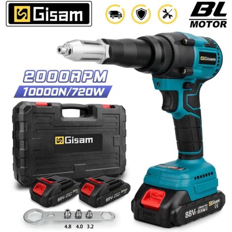 Gisam – Riveteuse électroportative automatique 10000N – Moteur sans balais – Rivets 2,4 à 4,8mm – 2 batteries 3000mAh – Vitesse 0-1600tr/min