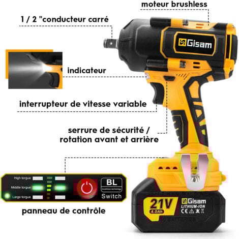 1800Nm Clé à Chocs Sans Fil Brushless avec Deux 4.0Ah Batterie  21V pour la Voiture et la Maison