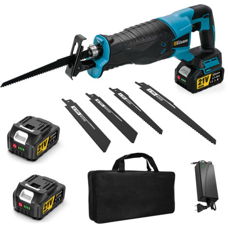 Gisam – Scie sabre sans fil 21V avec 2 batteries 4.0Ah – Moteur sans balais 4000 SPM – Profondeur de coupe 255mm – 4 lames acier multi-usages - AVCE 2 X