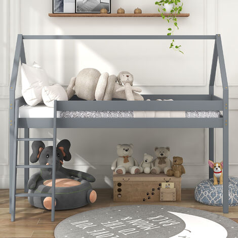 3FT Children'sTreehouse Cabin Bunk Bed Loft Bed, Mid-Sleeper Bed with Ladder for Kids,90X190CM(Gray)
