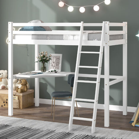 Children Bunk Bed with Solid Pine Wood, Single 3FT Loft Bed Frame With Desk High for Kids ,90X190CM(White)