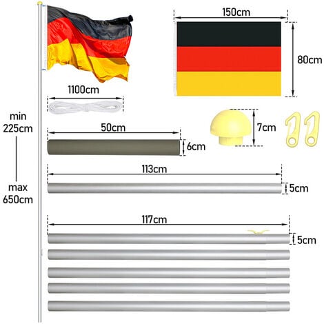 VINGO Fahnenmast Alu Deutschlandfahne Flaggenmast Mast Bodenhülse Fahnen  Flagge Fahnenstange 6,50m inkl Seilzug inkl