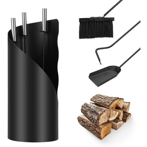 Kaminbesteck Set 3-teilig - Besen, Schaufel, Eisenhaken Mit Ständer Schwarz