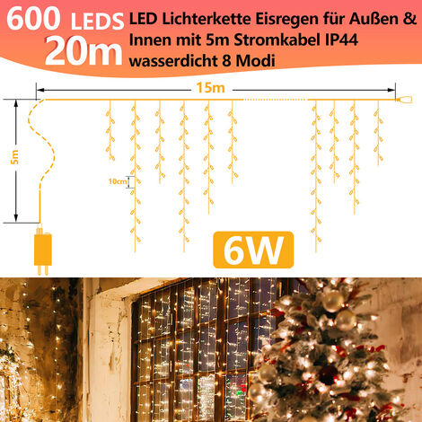 VINGO LED Eisregen Lichterkette 600 LEDs 20m warmweiß Weihnachten