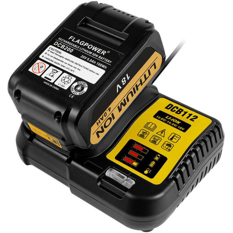 Pack 2 Batteries Dewalt 18V 5.0Ah + Chargeur | Compatible DCB200 Series | Lithium-Ion | 5000mAh