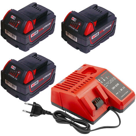 Powerwings – Pack de 3 batteries lithium 18V 5,0Ah – Chargeur M12/M18 inclus – Compatible avec Milwaukee M18B, M18B2, M18B4, M18BX – Charge rapide