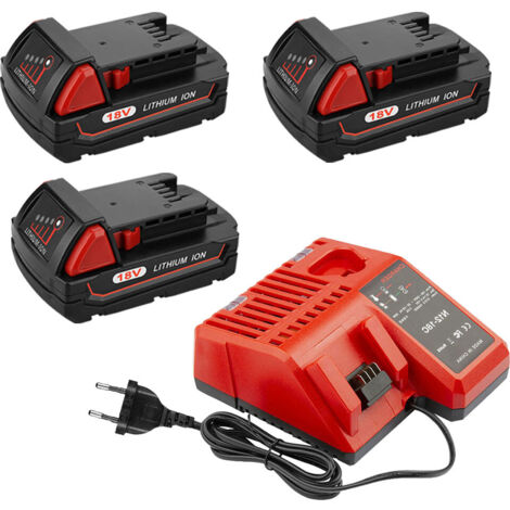 Powerwings – Batterie lithium 18V 3000mAh – Pack de 3 batteries avec chargeur M12/M18 – Compatible avec Milwaukee M18B, M18B2, M18B4, M18BX (1/5)