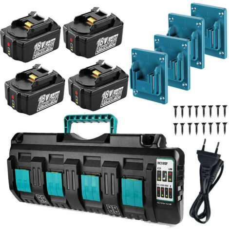 Powerwings – Pack de 4 batteries lithium 18V 5,0Ah avec chargeur quadruple – Compatible Makita BL1860B BL1850B DMR100 DMR108 – Pendentif d'outil offert