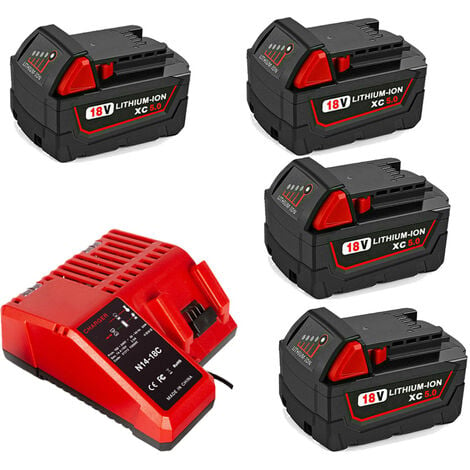 pack de 5) 4X Batterie 18 V 5,0 Ah M18B5 avec chargeur pour Milwaukee M18,  M18BX, M18B4, M18 XC, M18B9, 48-11-1828, 48-11-1840