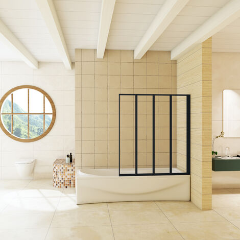Mampara de bañera plegable 4 hojas, perfil negro mate, 4mm cristal templado, 140x100cm