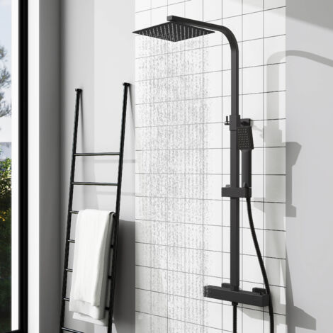 Columna de Ducha Termostática Ducha Casa Negro Mate Alcachofa Cuadrada Grande Barra Regulable 73-115cm Sistema de Ducha Superior