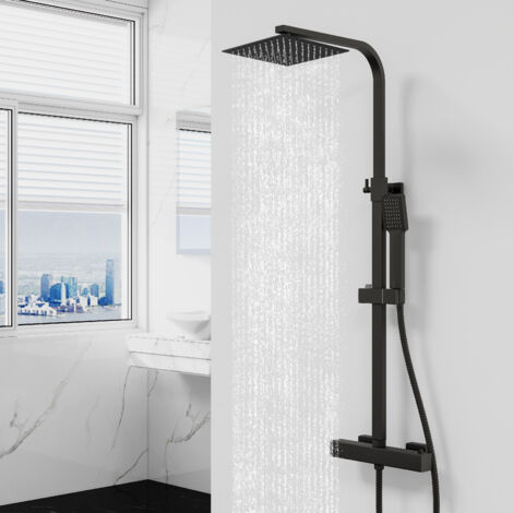 Ducha Casa Columna de Ducha con Termostato - Alcachofa Cuadrada, Raciador Superior y Barra Ajustable Negro Mate