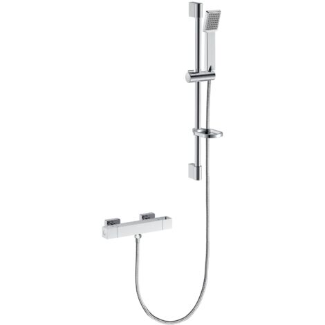 Conjunto de Ducha Barra Redondo Cromado Ducha Casa con Ducha de Mano Cuadrado y Estante de Jabón