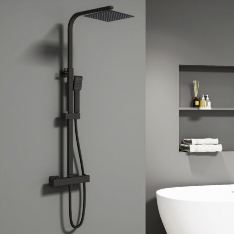 Columna de Ducha Termostática Ducha Casa negro mate alcachofa cuadrada y ducha superior grande 20 cm con barra redonda regulable