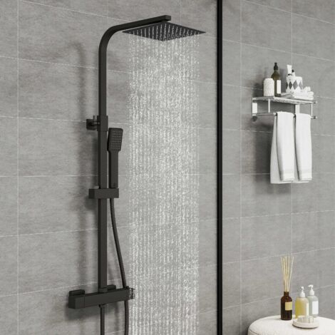 Ducha Casa Columna de Ducha con Termostato - Alcachofa Cuadrada, Raciador Superior y Barra Ajustable Negro Mate