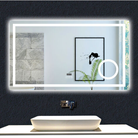 Ducha Casa Espejo de baño con led , rectangular,120 x 70 cm, luz con 3 colores, función bluetooth ,reloj electrónico,lupa 3x, antivaho, brillo ajustable, función de memoria agapada.