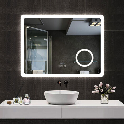 Ducha Casa Espejo de baño con led , rectangular,100 x 60 cm, luz con 3 colores, función bluetooth ,reloj electrónico,lupa 3x, antivaho, brillo ajustable, función de memoria agapada.
