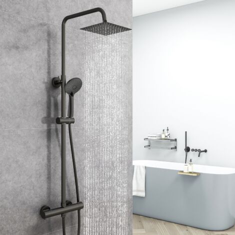 Columna de Ducha Termostática Ducha Casa negro mate alcachofa y ducha superior grande 20 cm con barra redonda regulable