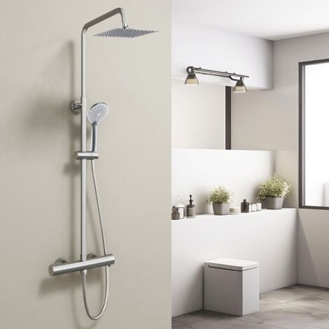 Columna de Ducha Termostática Ducha Casa Cromado con Alcachofa Redonda, Rociador Superior y Barra Ajustable