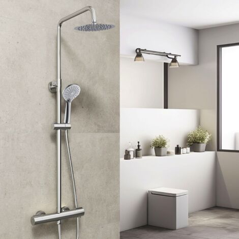 Columna de Ducha Termostática Ducha Casa Cromado, Alcachofa Redonda y Ducha Superior Grande 20 cm con Barra Redonda Regulable