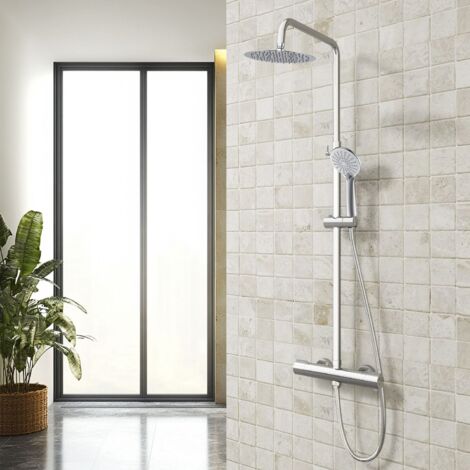 Columna de Ducha Termostática Ducha Casa Cromado Alcachofa Redonda Grande Barra Regulable 73-115 cm Sistema de Ducha Superior