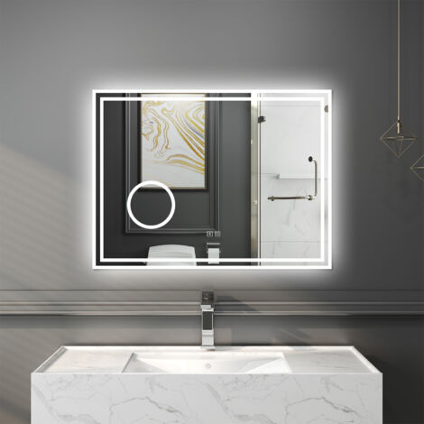 Ducha Casa 80 x 60 cm,Espejo de baño con led, rectangular,luz con 3 colores, función bluetooth ,lupa 3x, antinieble, brillo regulable, función de memoria agapada, apagado automático tras una hora de i