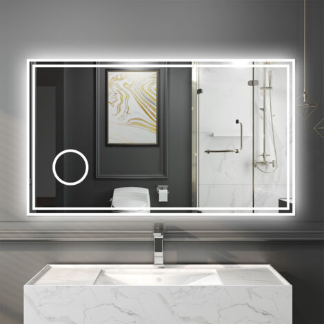 Ducha Casa 100 x 60 cm, Espejo de baño con led , rectangular,luz con 3 colores, función bluetooth ,lupa 3x, antinieble, brillo regulable, función de memoria agapada, apagado automático tras una hora d